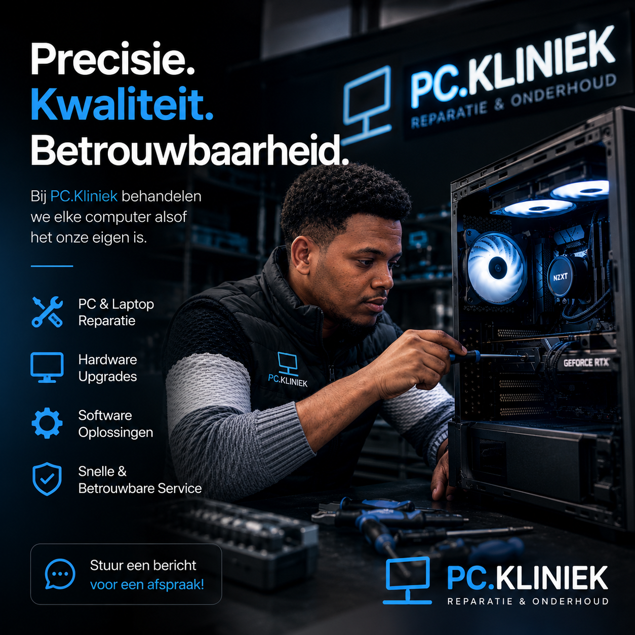 PC.Kliniek — technicus werkt aan een gaming PC met NZXT koeling en GeForce RTX